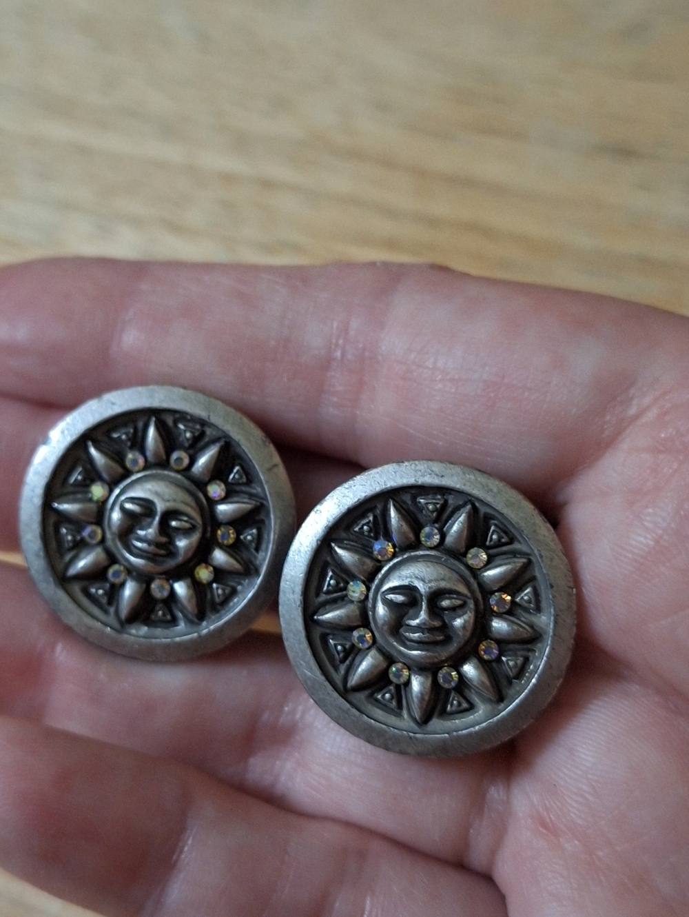 Vintage Pewter Rhinestone Sun Clip On Earrings